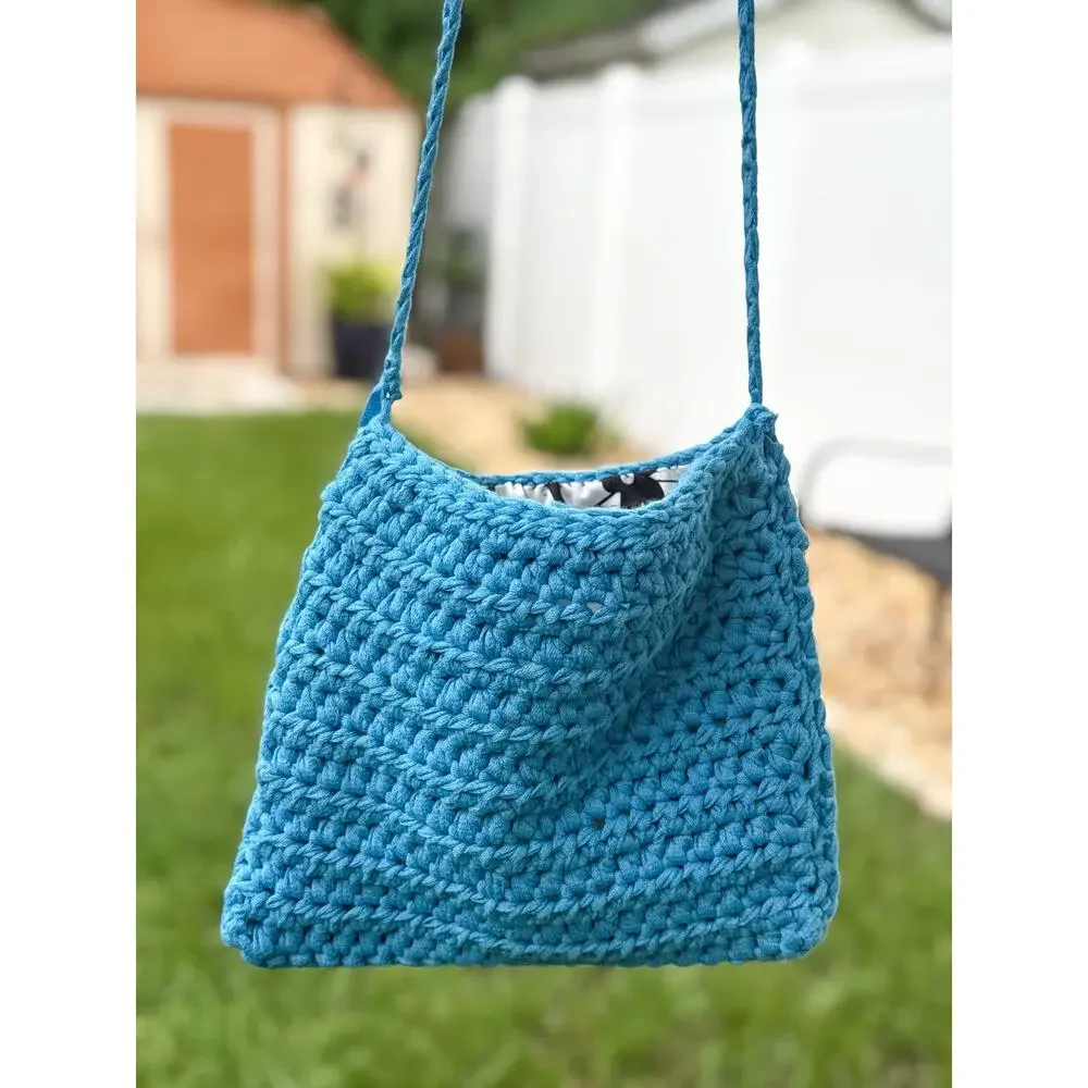 Handmade Crochet Blue Crossbody Bag Floral Applique Lined Boho Purse